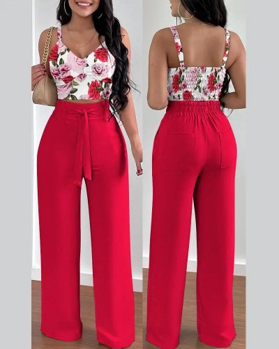 Fashion Floral Shirred Crop Top Pants Set