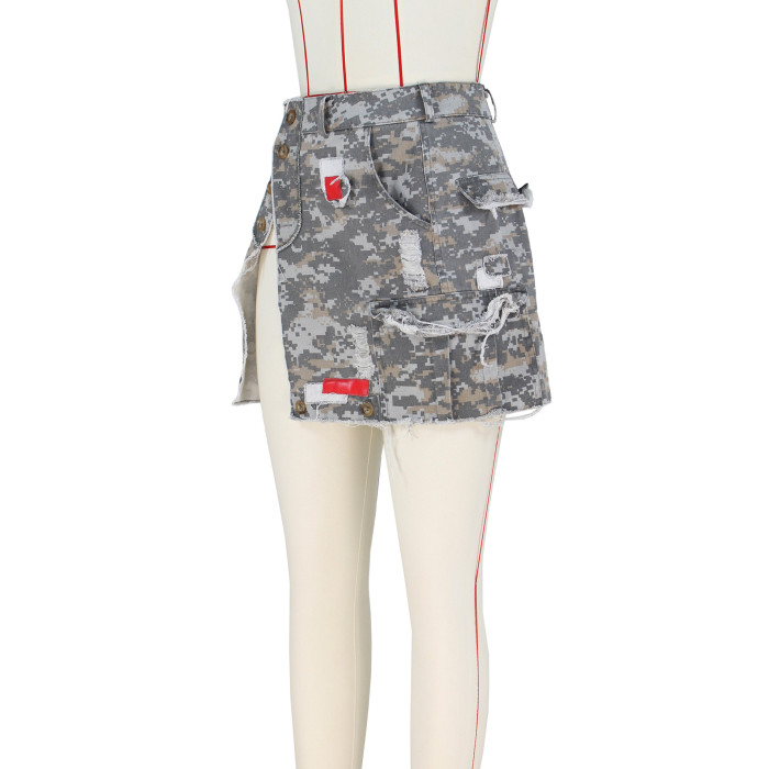 Fashion Slit Short Skirt Skirt Camouflage Patch Pack Skirt