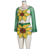 Fashion Beach Set Sexy Crocheted Sunflower Fashion Top And Skirt Two Piece Set