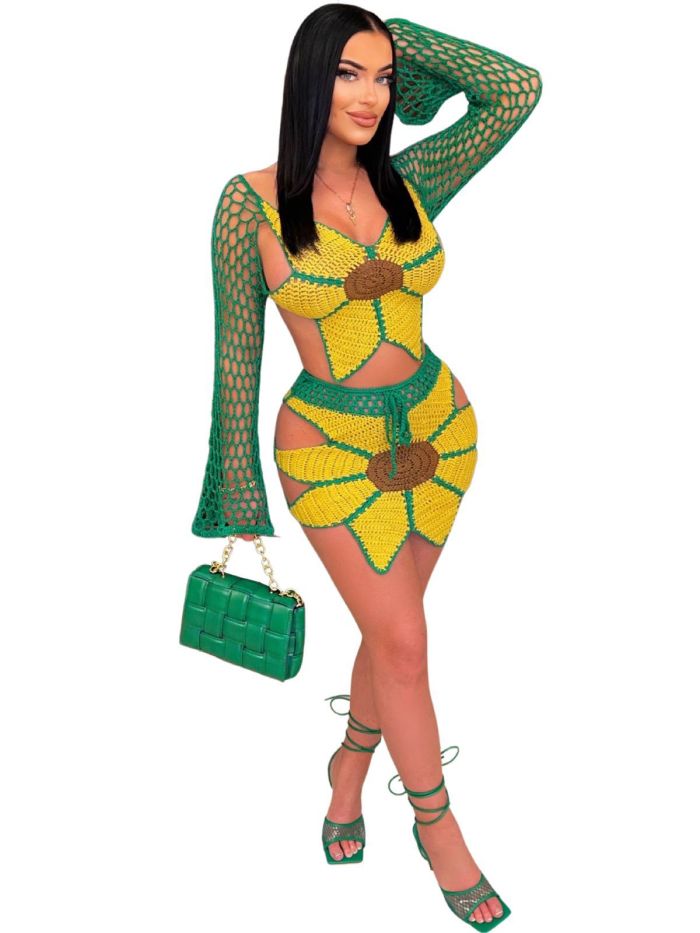 Fashion Beach Set Sexy Crocheted Sunflower Fashion Top And Skirt Two Piece Set