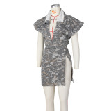Casual Distressed Heavy Wash Sleeveless High Slit Camouflage Casual Set
