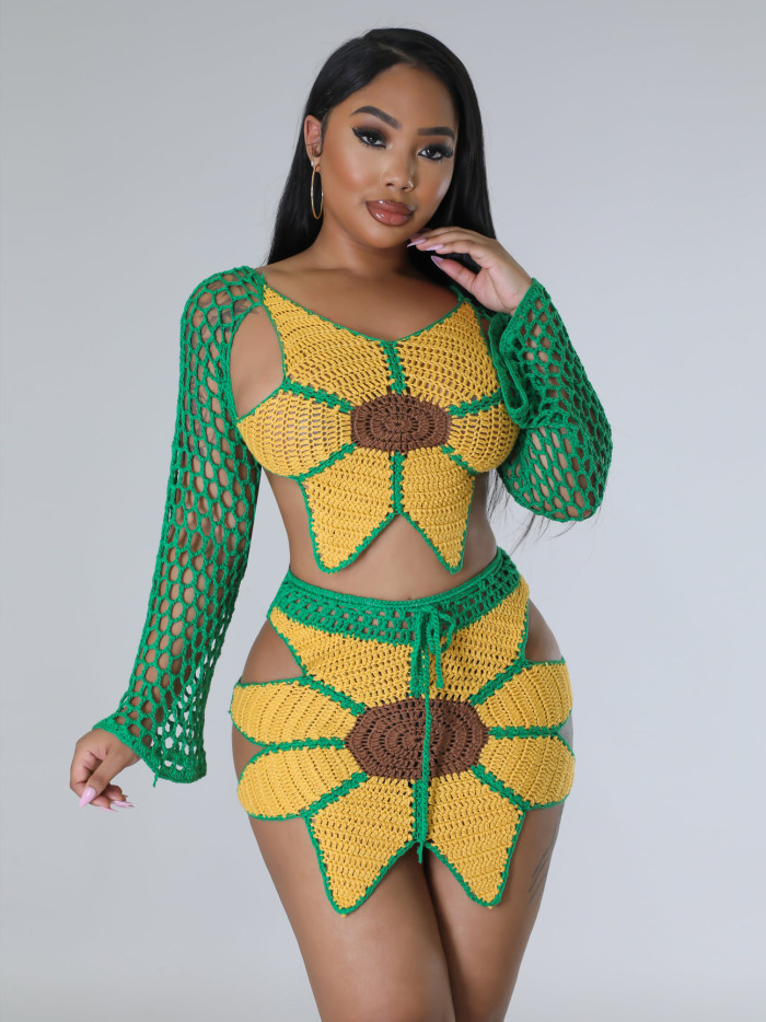 Fashion Beach Set Sexy Crocheted Sunflower Fashion Top And Skirt Two Piece Set