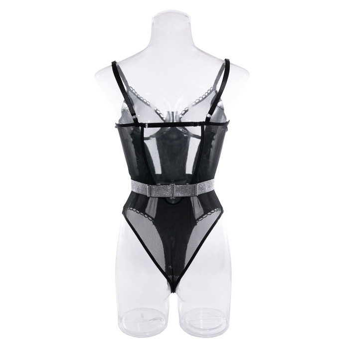 Sexy Leather Mesh Patchwork Bodysuit