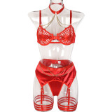 Mesh Hollow Patchwork Cross Chest Sticker Metal Chain Sexy Lingerie Three-Piece