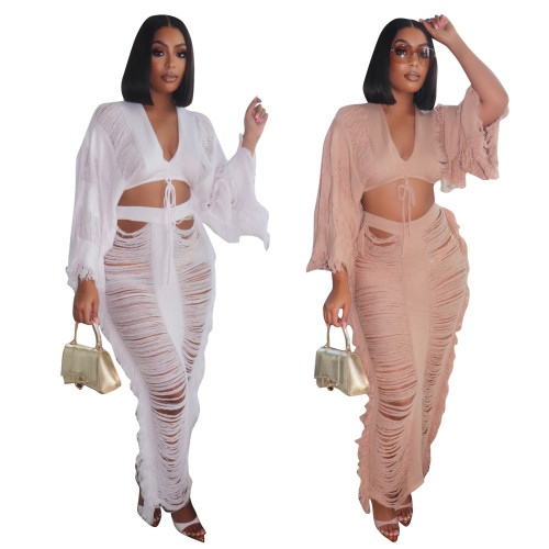 Women Casual Cutout Long Sleeve Top and Skirt Two-Piece Set