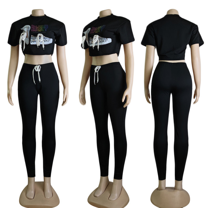   Solid Color Slim Fit Offset Printing Letter Short Sleeve+Pants Two Piece Set