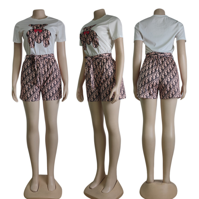 Digital printed short sleeved shorts set with waistband