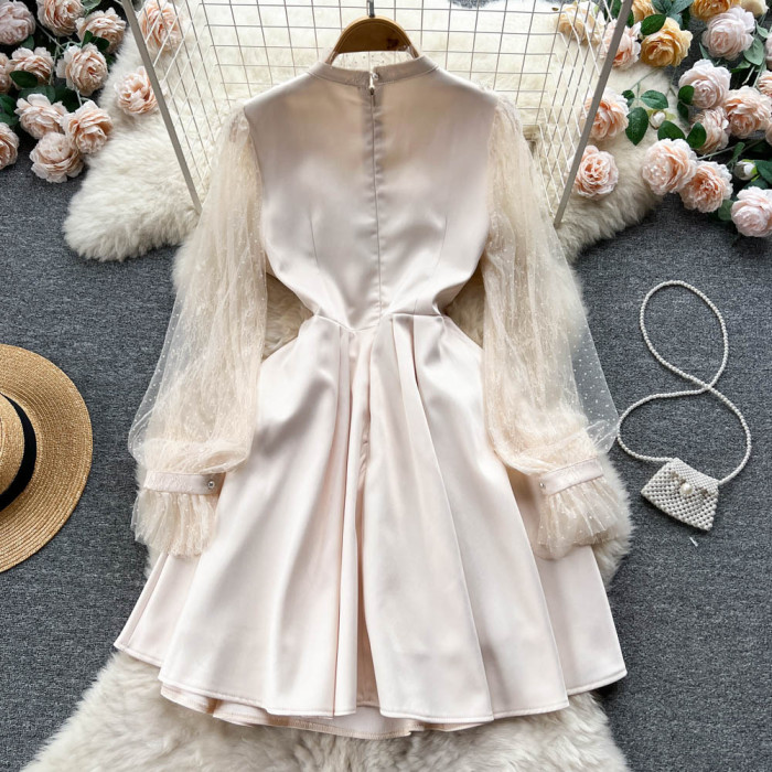 Mesh Sleeve Pearl Party Dress