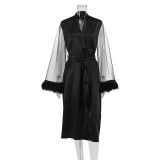 Feather Nightgown Women's Cardigan Lace Spliced Mesh Sleeve Sleepwear