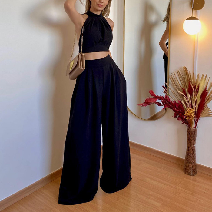 Hanging Neck Wrapping Chest Folding High Waist Pants Two Piece Set