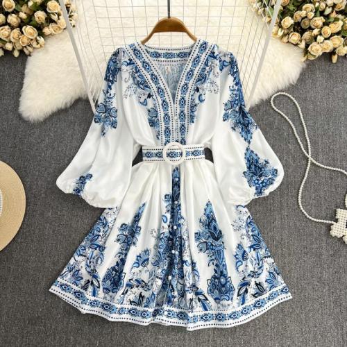 Positioning Printed Lantern Sleeve V-neck Waistband Button A-line Dress