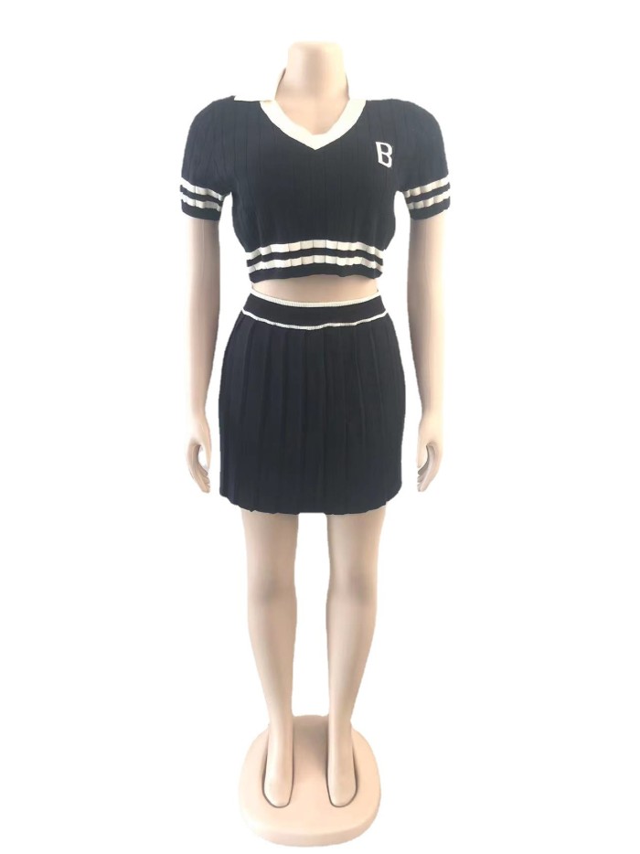 Women's Knitting Sports Pleated Skirt Cropped Short Sleeve Top Two Piece Set
