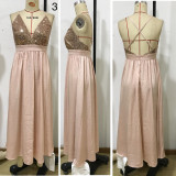 Sexy Backless Beaded Patchwork Colored Cross Strap Slit Dress