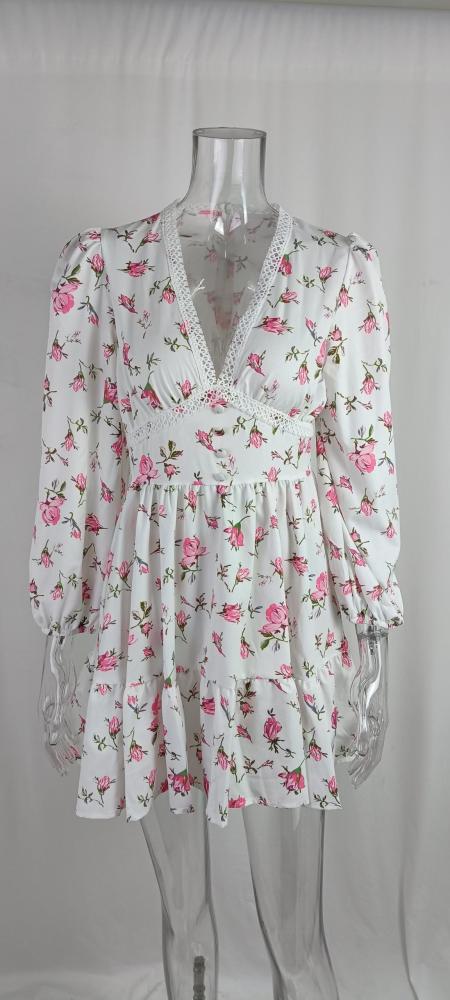 Sweet Printed V-neck lace Mini Dress