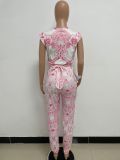 Short Sleeve Printed Crop Top And Pants 2 Piece Set Casual Summer Sets