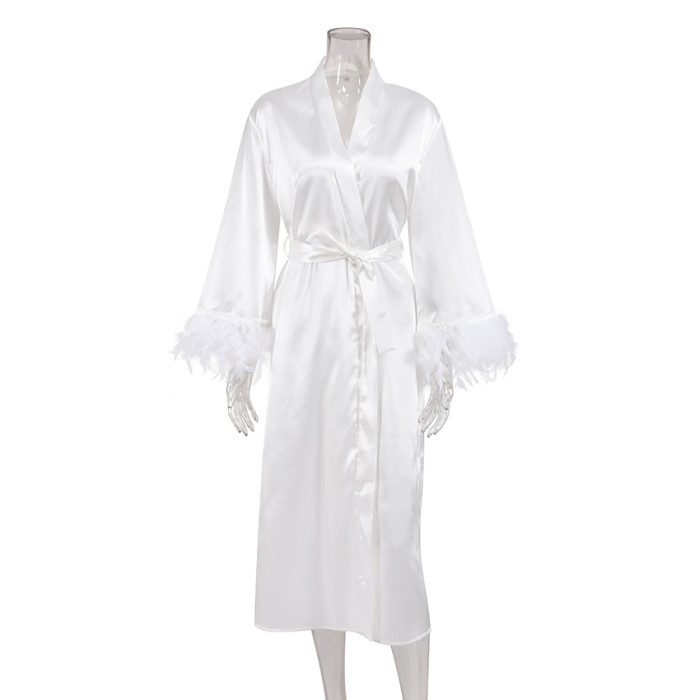 Summer Pajamas Women Cardigan Feather Satin Robe Women's home wear