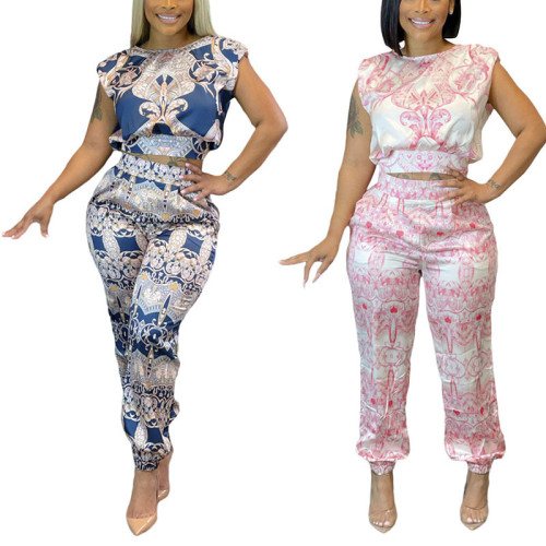 Short Sleeve Printed Crop Top And Pants 2 Piece Set Casual Summer Sets