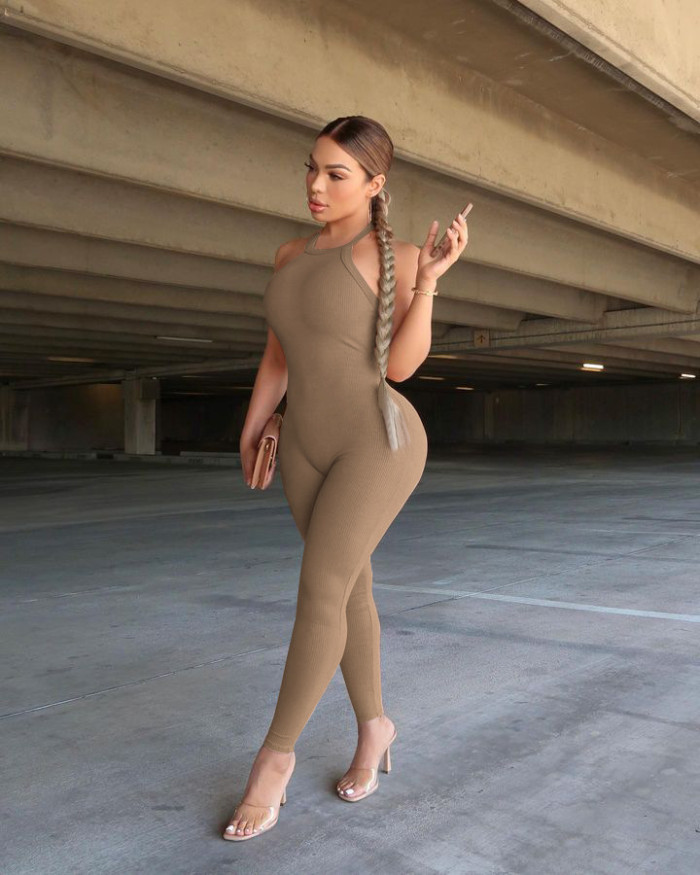 Women Sexy Solid Slim Backless Sports Jumpsuit