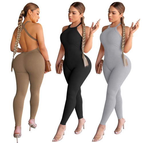 Women Sexy Solid Slim Backless Sports Jumpsuit