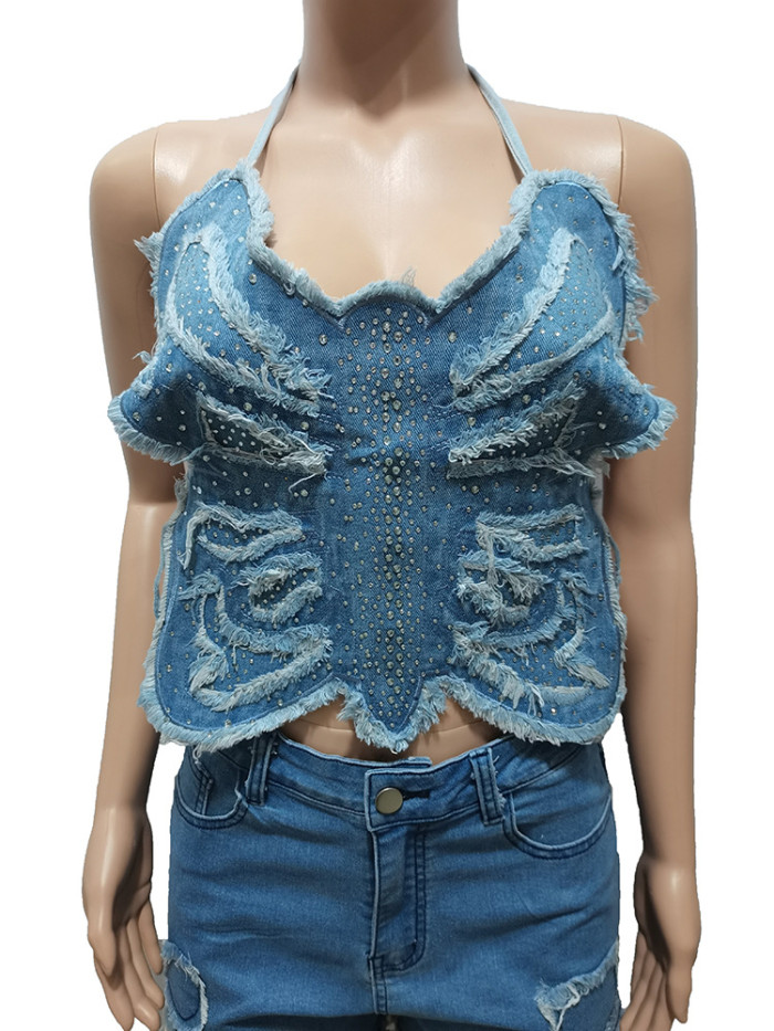 Denim Beaded Butterfly Lace-Up Tank Top Shorts Irregular Two Piece Set