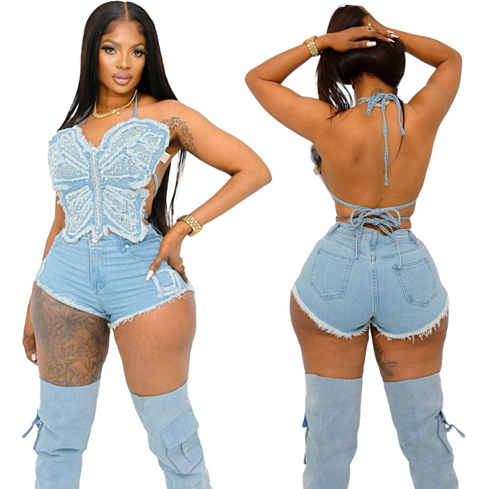 Denim Beaded Butterfly Lace-Up Tank Top Shorts Irregular Two Piece Set