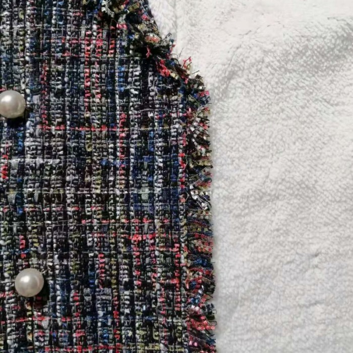 Women's Medium Length Ttweed Pearl Button Tassel Celebrity Plaid Coat