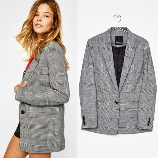 Women's Casual Loose One Button Plaid Suit Jacket