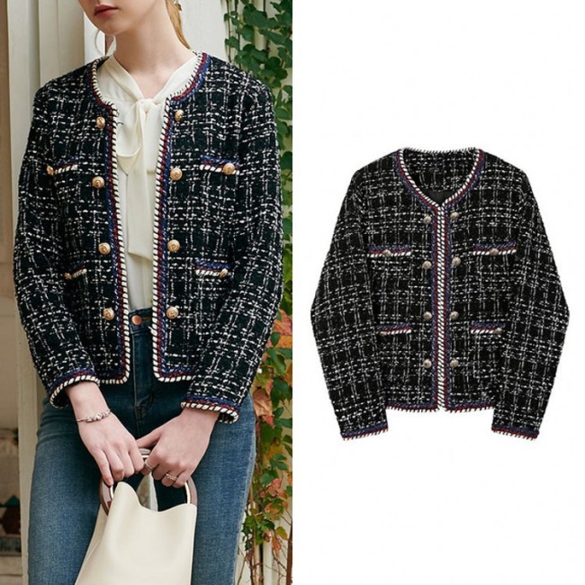 Women's Black and White Plaid Double Breasted Tweed Coat