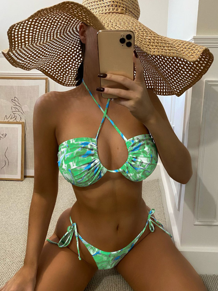 Women Printed Bandeau Halter Lace Up Two Piece Swimwear