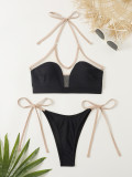 Mesh Patchwork Lace-Up Two Pieces Bikini Swimsuit
