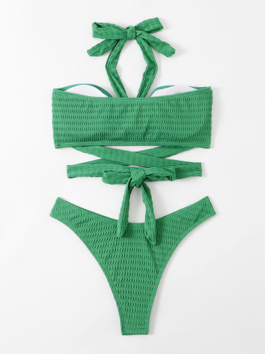 Pleated Fabric Halter Neck Tie Two Pieces Bikini Swimsuit