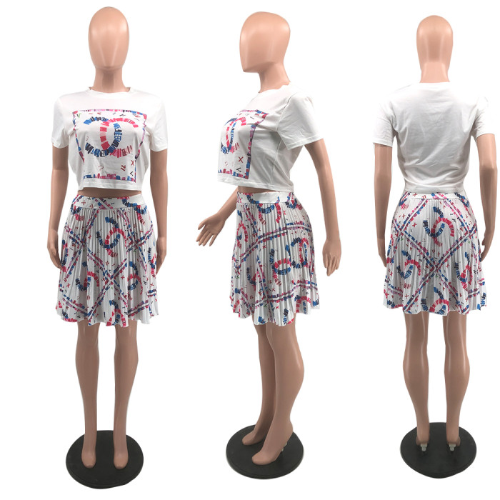 Elastic cotton soft exposed navel short sleeved pleated skirt set