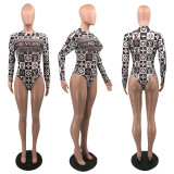 Elastic and Sexy Perspective Printed Mesh Invisible Zipper Bodysuit