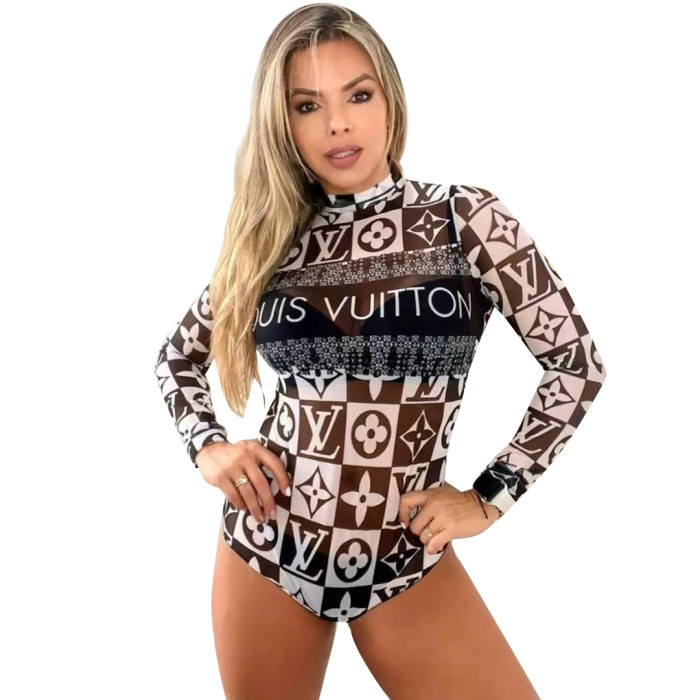 Elastic and Sexy Perspective Printed Mesh Invisible Zipper Bodysuit