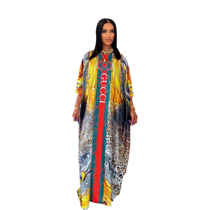 Elastic Soft and Loose Fitting Positioning Printed Maxi Dress