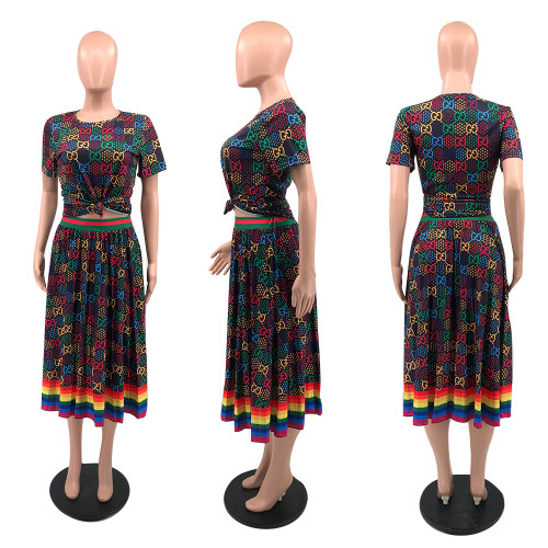 Printed Colorful Pleated Midi Skirt Set