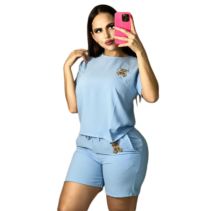 Solid Embroidered Bullet Casual Short Sleeved Set