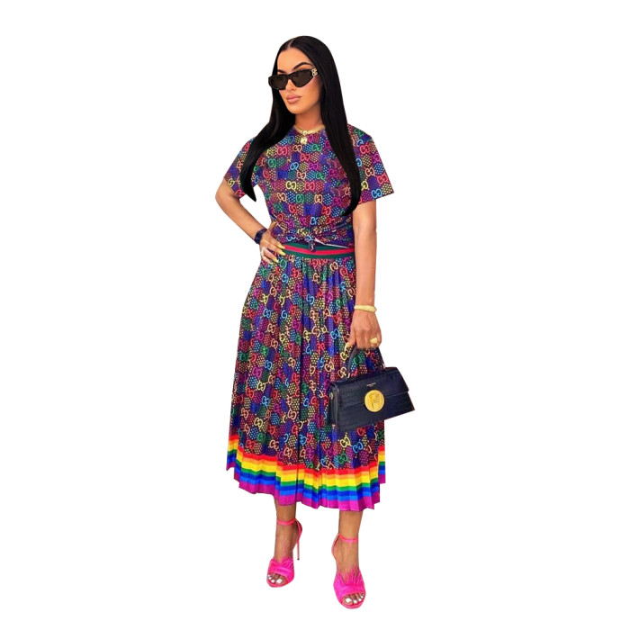 Printed Colorful Pleated Midi Skirt Set