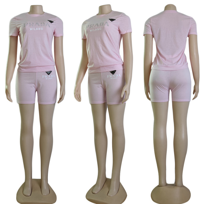 Solid color offset printing+hot diamond short sleeved shorts set