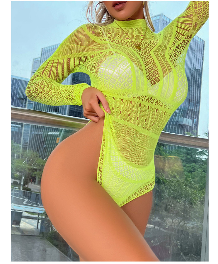 Long Sleeve Low Back Bikini Sexy Allure Neon Multicolor See-Through Sexy Mesh Top