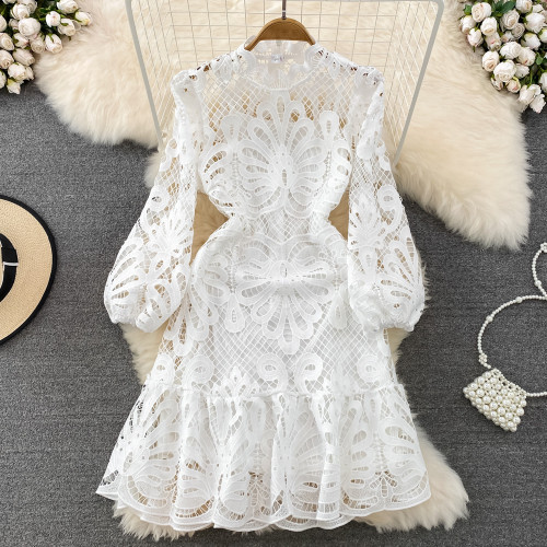 Standing Neck Bubble Sleeve Waist Wrapped Ruffle Edge Hook Flower Hollow Water Soluble Lace Dress