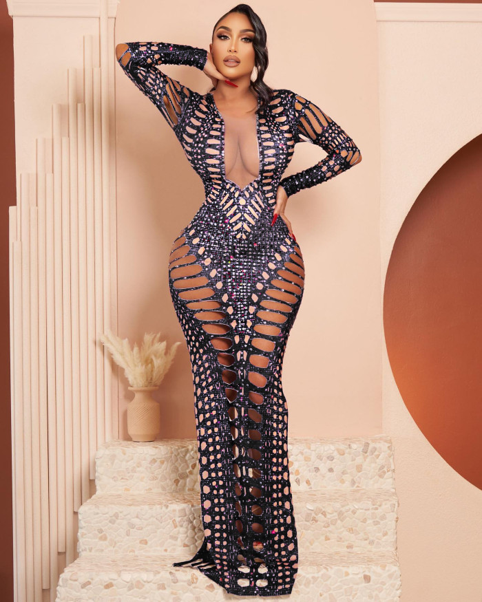 Women's Ripped Tight Fitting Hollow Out Beaded Print Maxi Dress