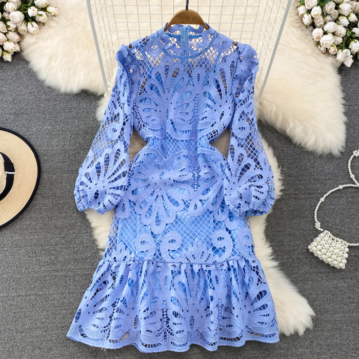 Standing Neck Bubble Sleeve Waist Wrapped Ruffle Edge Hook Flower Hollow Water Soluble Lace Dress