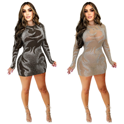 Fashion Solid Color Mesh Beaded Long Sleeve Dress 