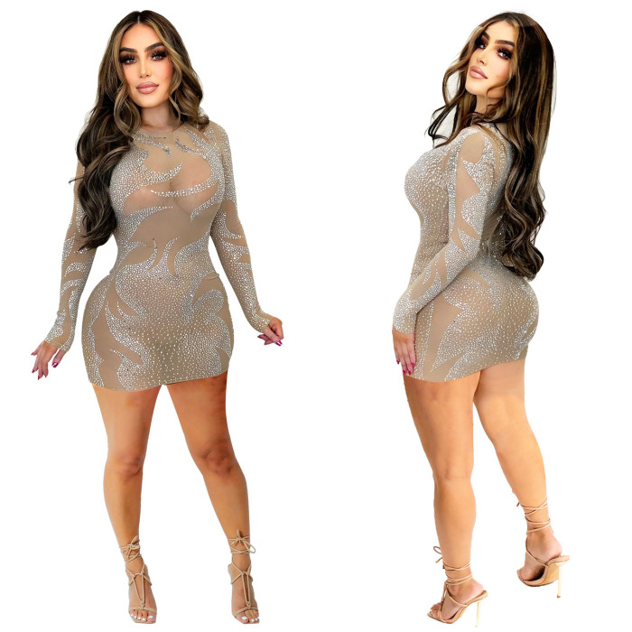 Fashion Solid Color Mesh Beaded Long Sleeve Dress 