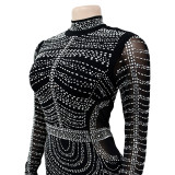 Solid Color Beaded Mesh See-Through Long Sleeve Dress