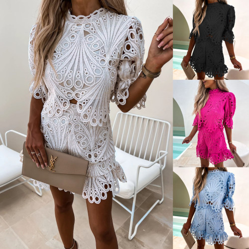 Women's Sexy Lace Hollow Out Crop Top and Ruffles Shorts Set Female Solid Slim Short Sleeve Blouse