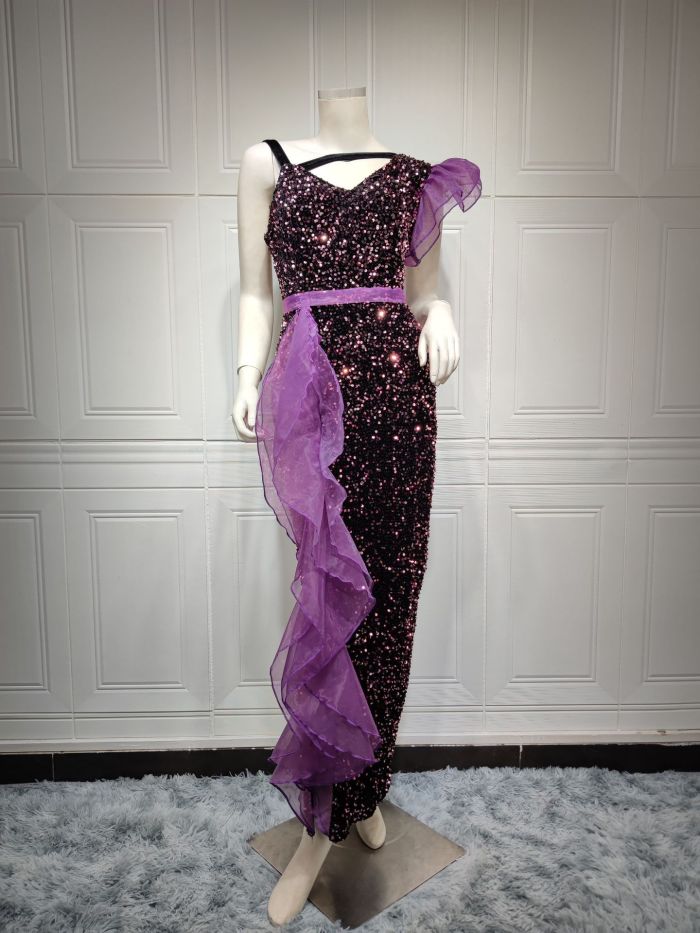 Purple Elegant Solid Sequins Patchwork Slit Asymmetrical Collar Straight Dresses