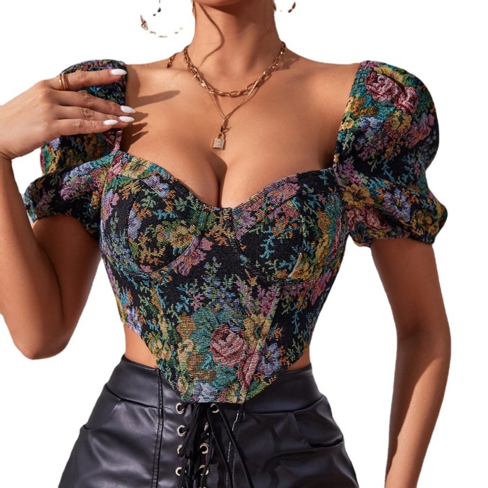 Vintage Print Puff Short Sleeve Blouse Summer Sexy Backless Shirts