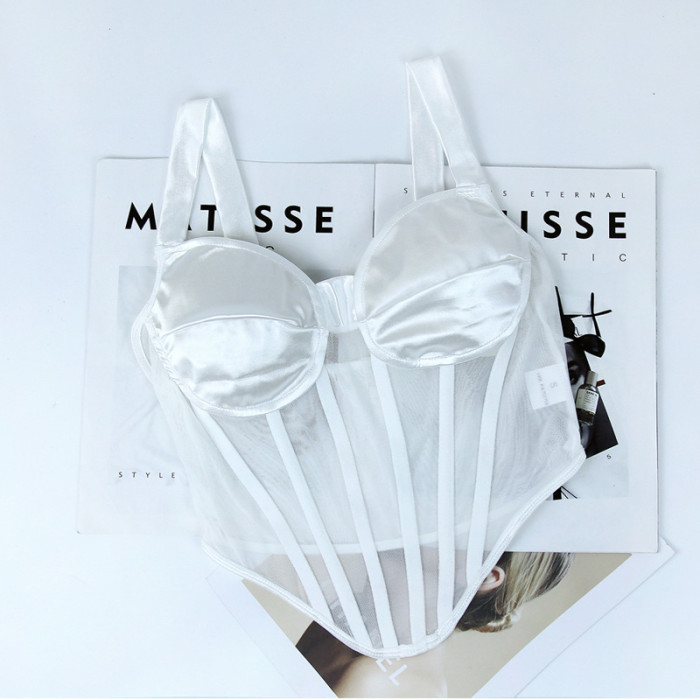Sexy Corset Tops For Women's Satin Mesh Herringbone Strap Double Layer Pleated Vest Tops
